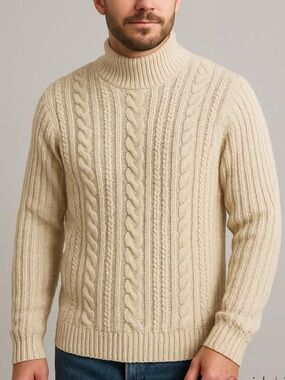 Vintage handknit fisherman sweater mock neck cream cable knit Size small